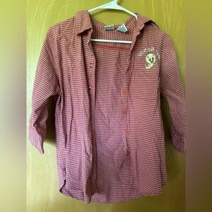 Vintage Tweety Red Gingham Plaid 3/4 Sleeve Button Down/Up